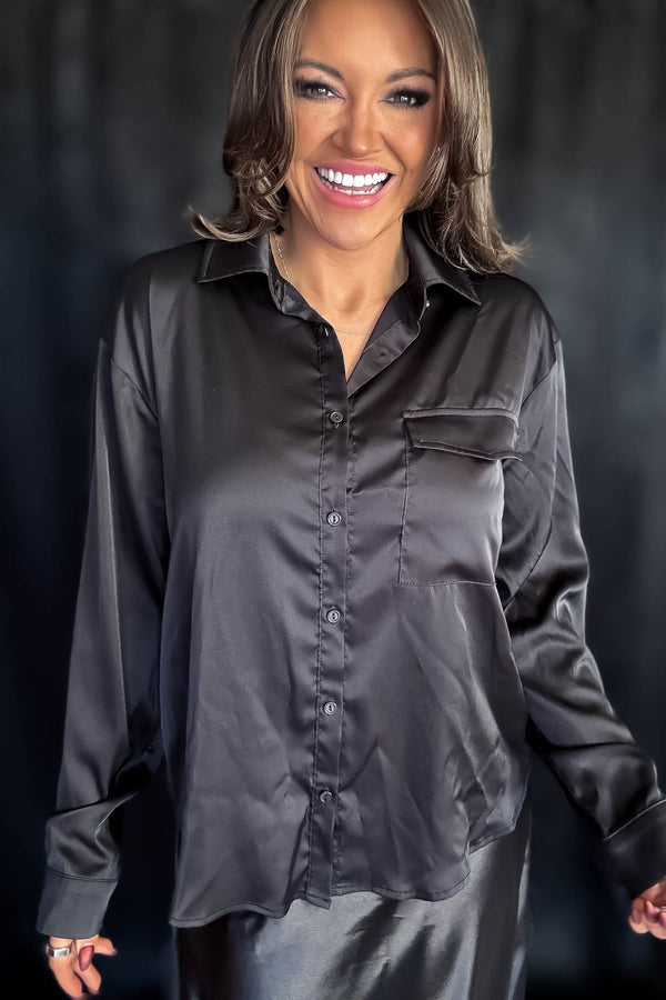 Satin Black Button Down Blouse