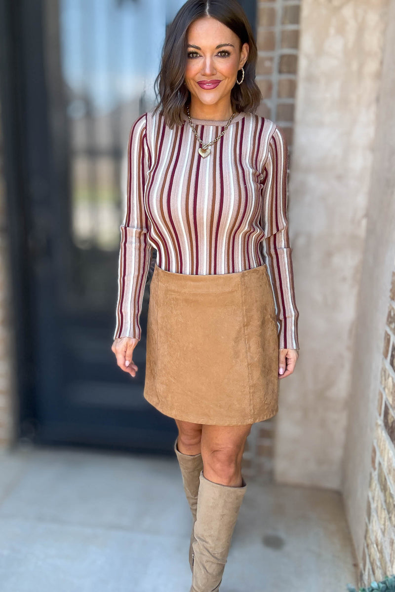 Taupe Stripe Round Neck Long Sleeve Vertical Stripe Knit Top