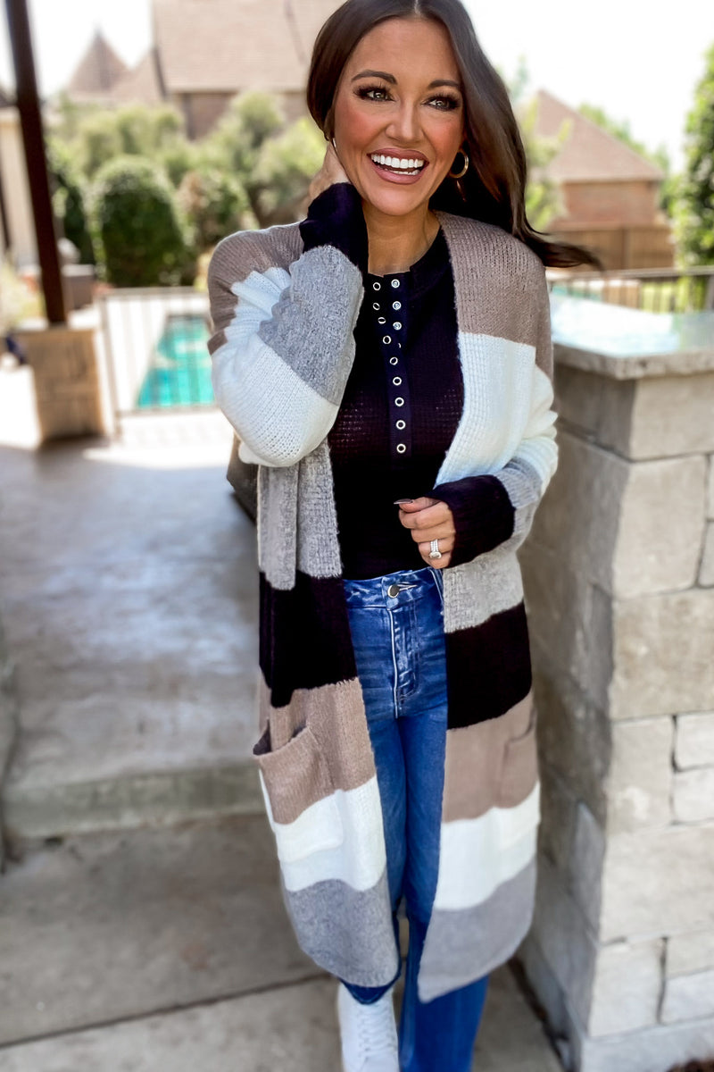 Every Aspect Taupe And White Long Sleeve Open Front Color Block Cardigan