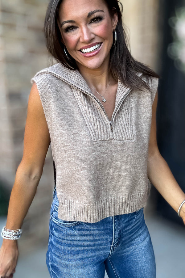 Mable Mocha Half Zip-up Side Open Knit Sweater Vest
