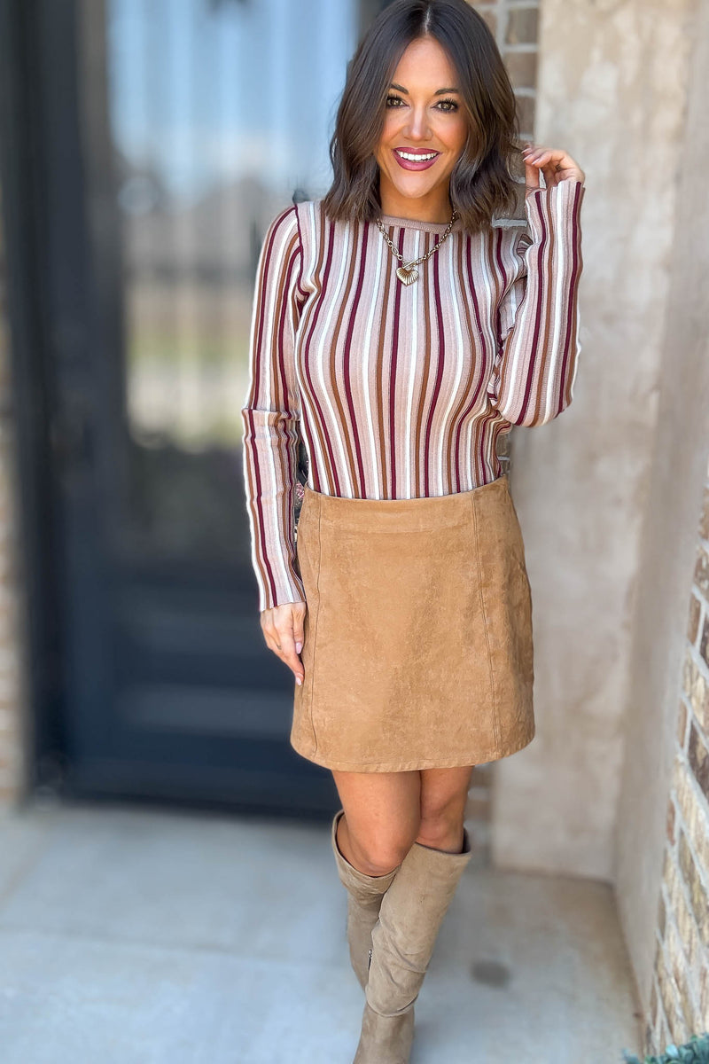 Taupe Stripe Round Neck Long Sleeve Vertical Stripe Knit Top