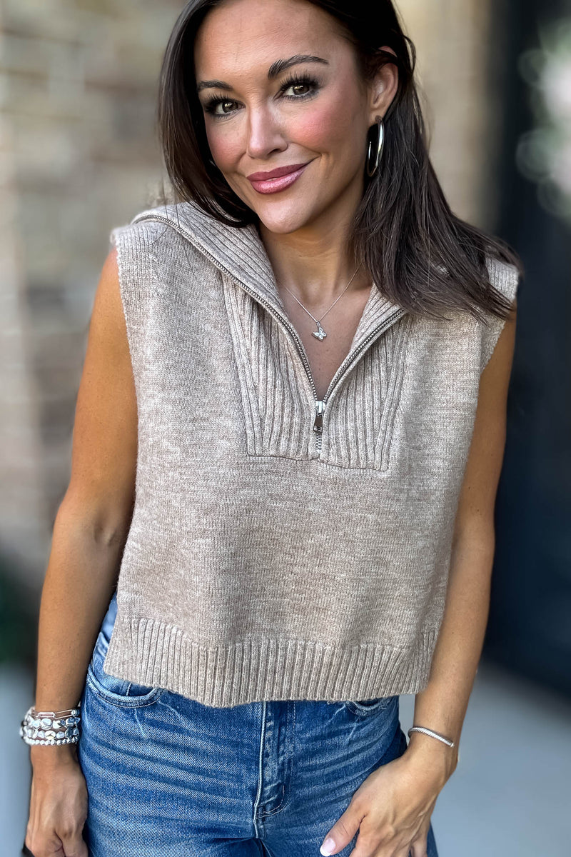 Mable Mocha Half Zip-up Side Open Knit Sweater Vest