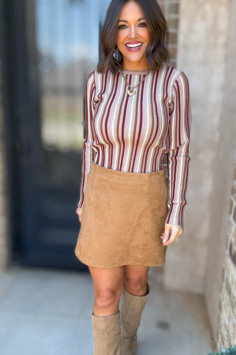 Taupe Stripe Round Neck Long Sleeve Vertical Stripe Knit Top