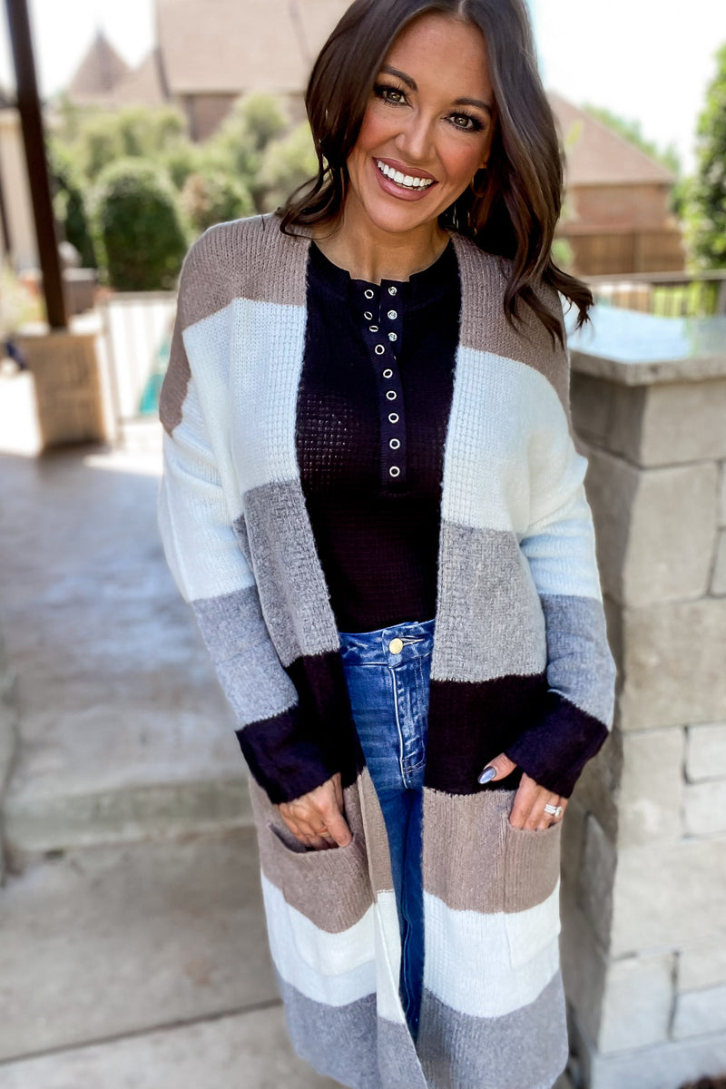 Every Aspect Taupe And White Long Sleeve Open Front Color Block Cardigan