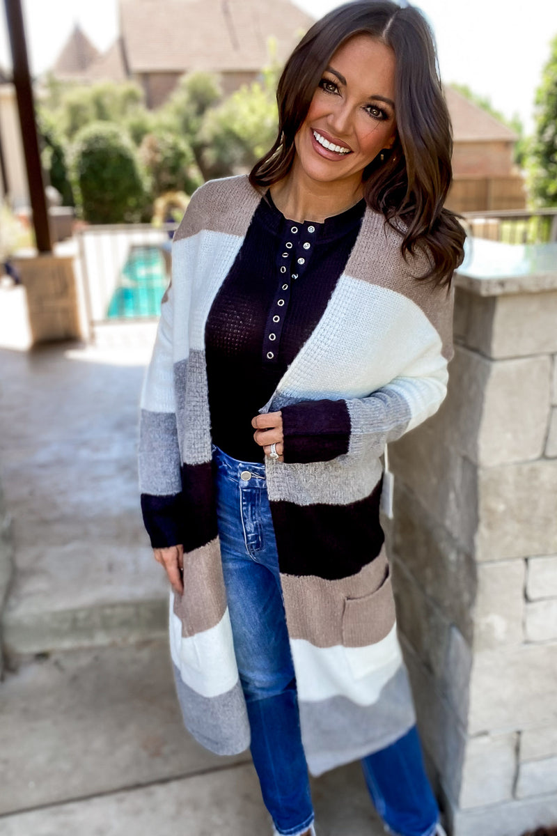 Every Aspect Taupe And White Long Sleeve Open Front Color Block Cardigan
