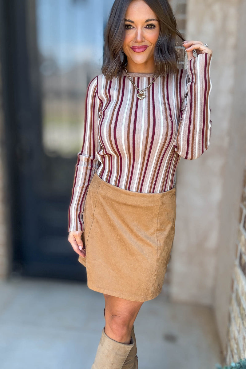 Taupe Stripe Round Neck Long Sleeve Vertical Stripe Knit Top