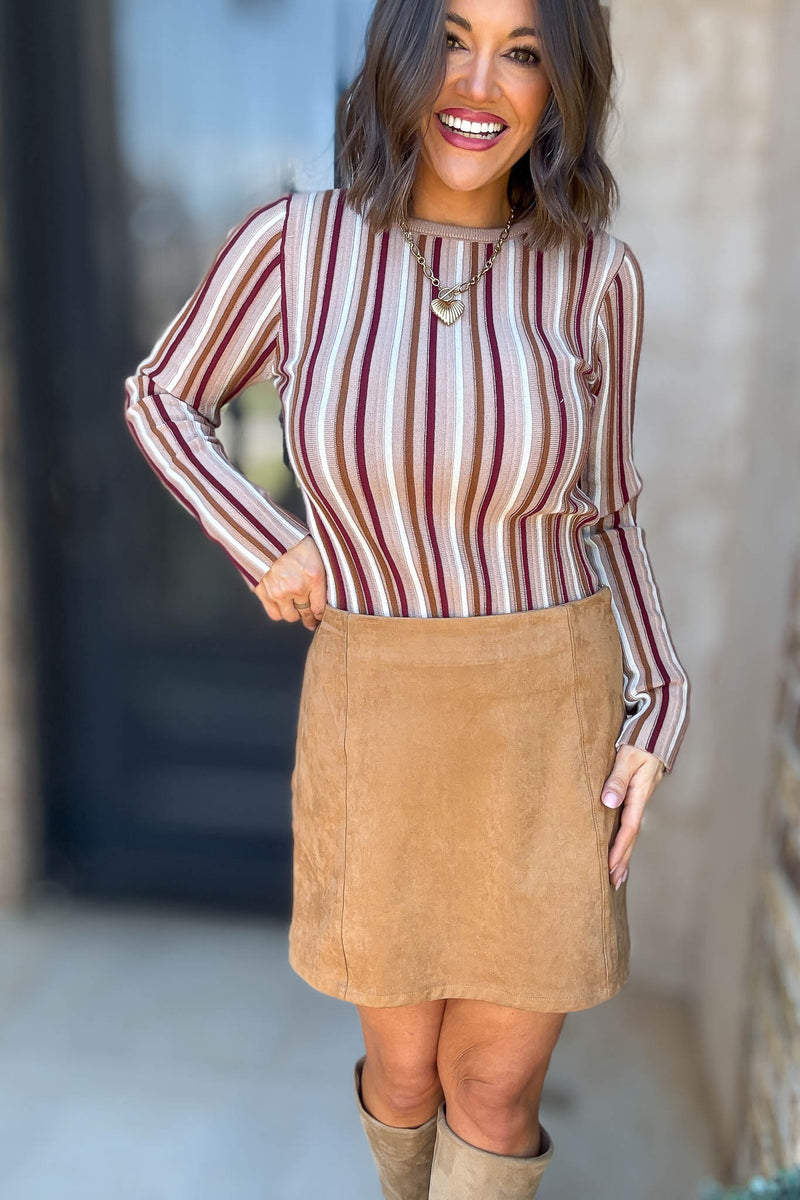 Taupe Stripe Round Neck Long Sleeve Vertical Stripe Knit Top