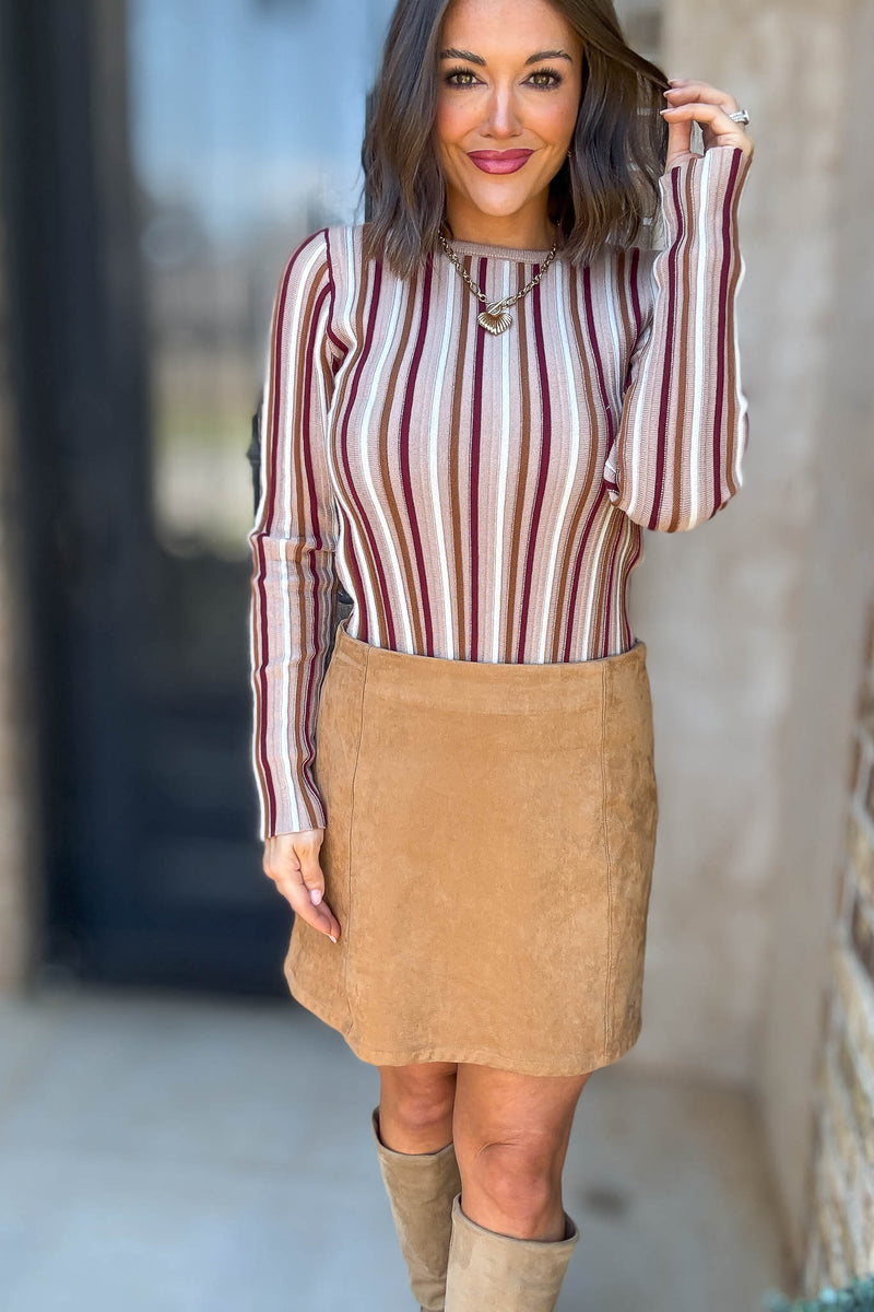 Taupe Stripe Round Neck Long Sleeve Vertical Stripe Knit Top