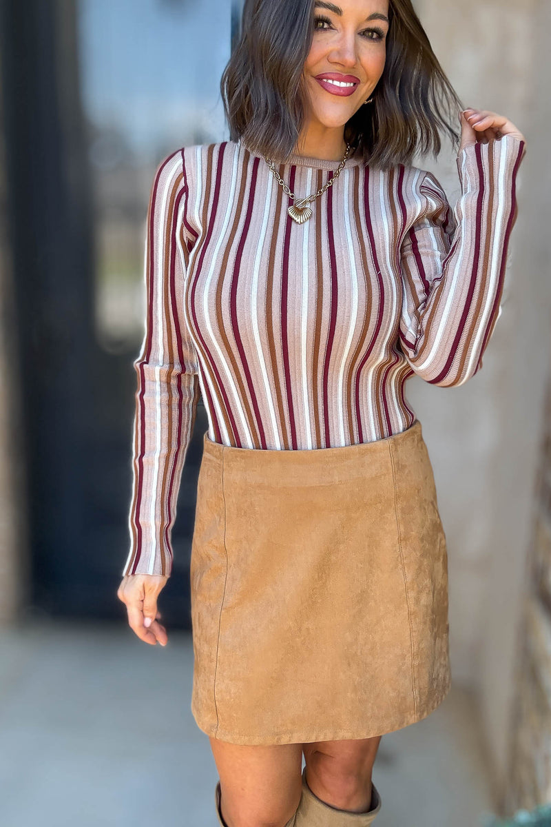 Taupe Stripe Round Neck Long Sleeve Vertical Stripe Knit Top