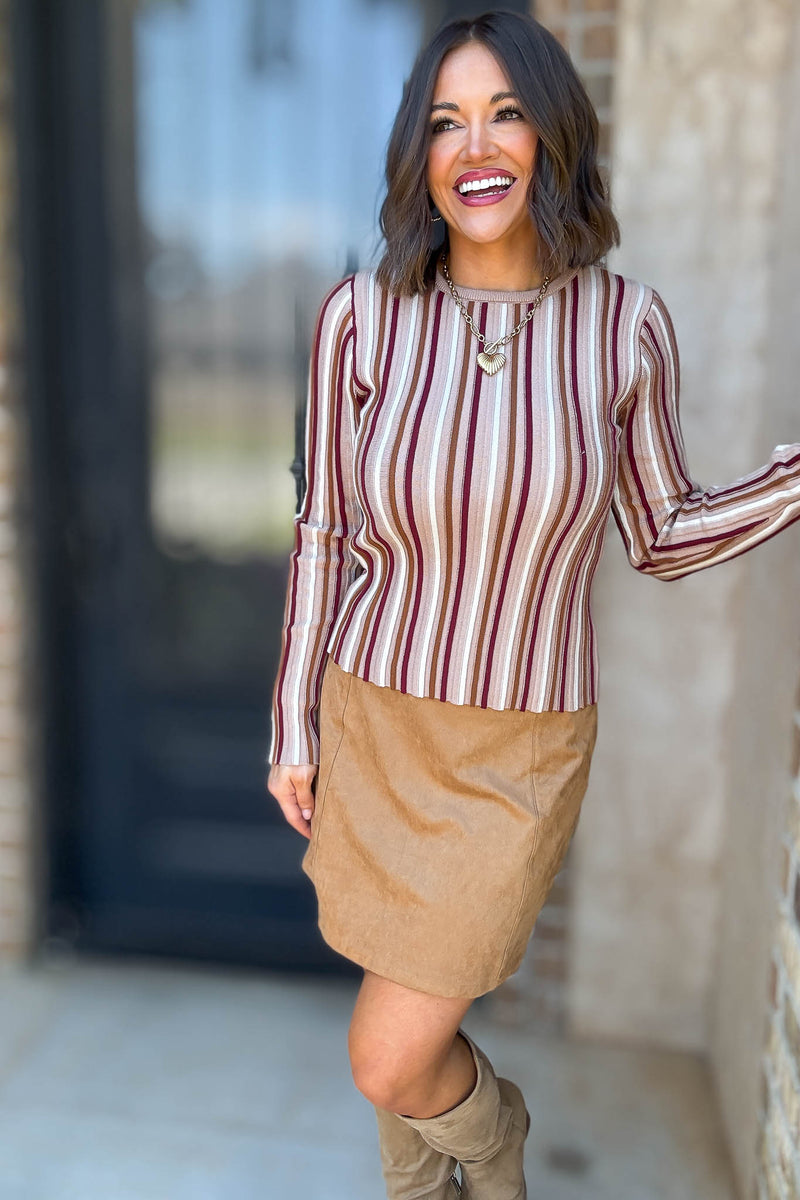 Taupe Stripe Round Neck Long Sleeve Vertical Stripe Knit Top