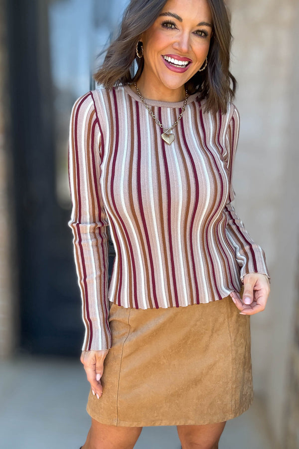 Taupe Stripe Round Neck Long Sleeve Vertical Stripe Knit Top