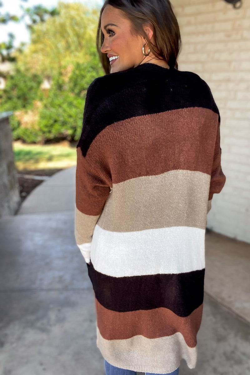 Every Aspect Black And Brown Long Sleeve Open Front Color Block Cardigan