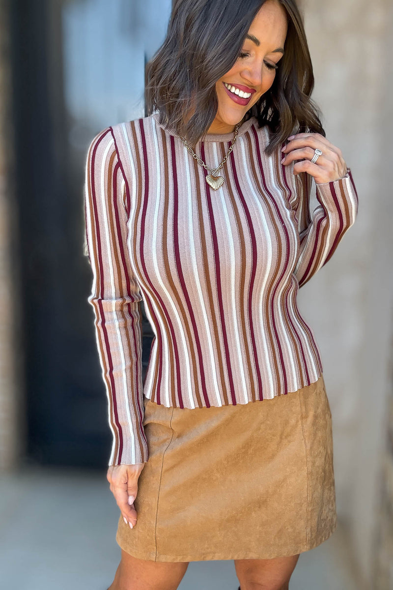 Taupe Stripe Round Neck Long Sleeve Vertical Stripe Knit Top