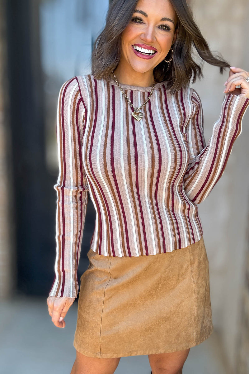 Taupe Stripe Round Neck Long Sleeve Vertical Stripe Knit Top