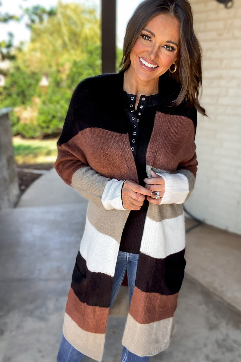 Every Aspect Black And Brown Long Sleeve Open Front Color Block Cardigan