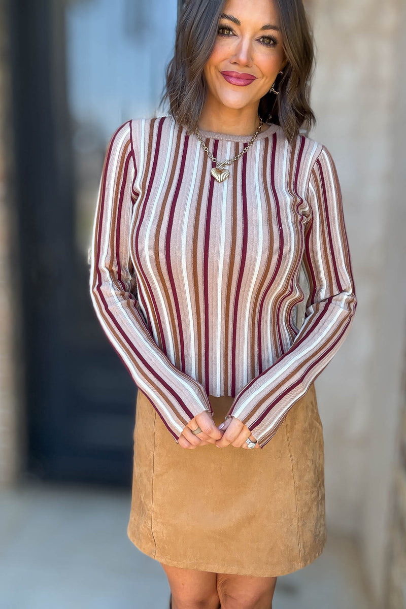 Taupe Stripe Round Neck Long Sleeve Vertical Stripe Knit Top