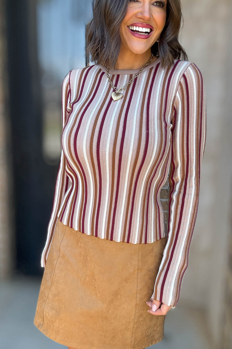 Taupe Stripe Round Neck Long Sleeve Vertical Stripe Knit Top