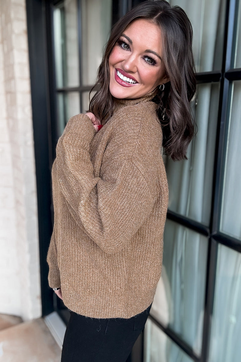 Bouncing Around High Neck Pale Brown Sweater