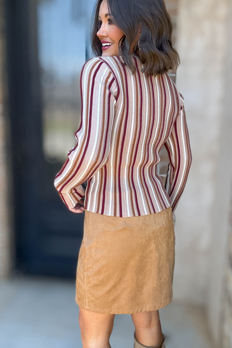 Taupe Stripe Round Neck Long Sleeve Vertical Stripe Knit Top