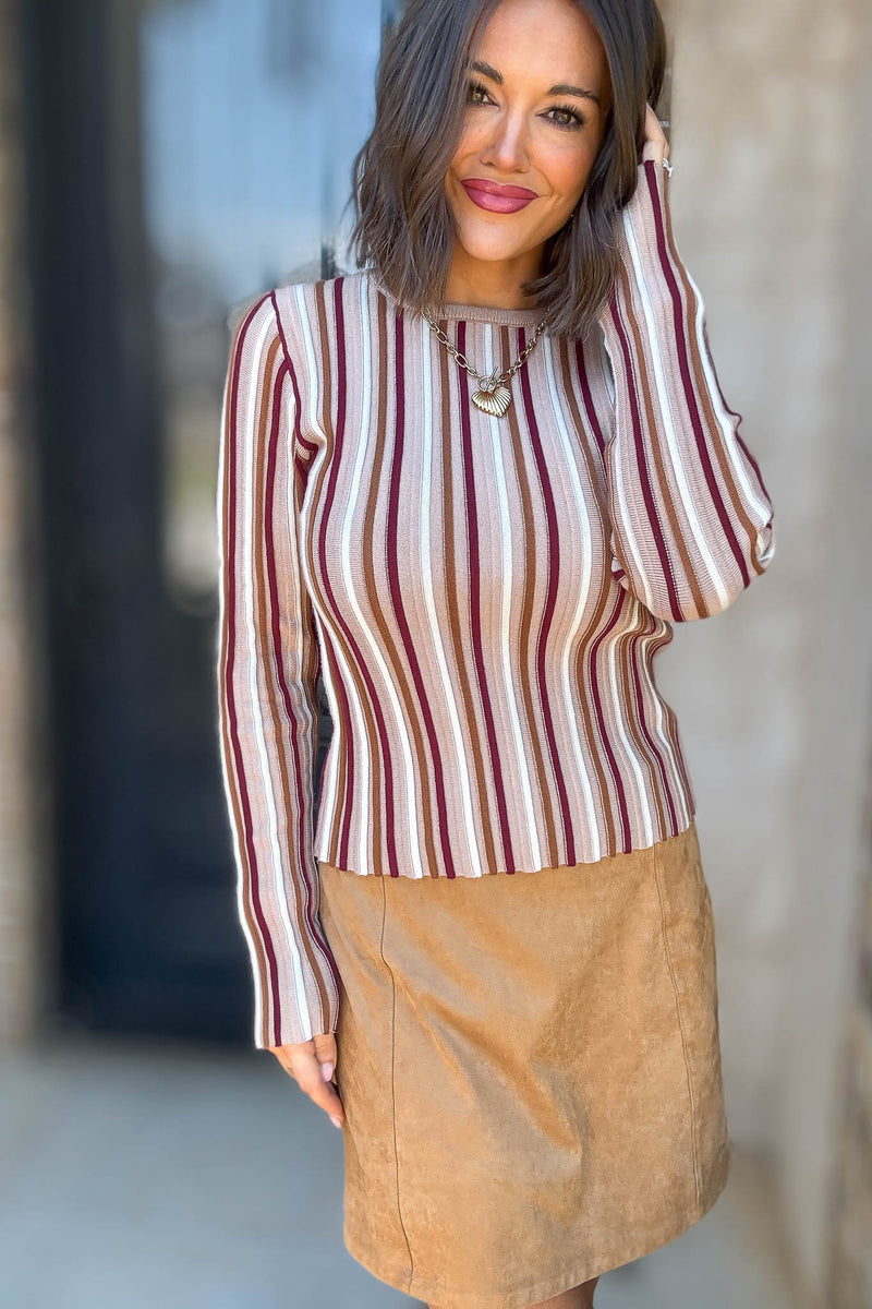 Taupe Stripe Round Neck Long Sleeve Vertical Stripe Knit Top