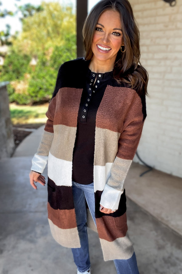 Every Aspect Black And Brown Long Sleeve Open Front Color Block Cardigan