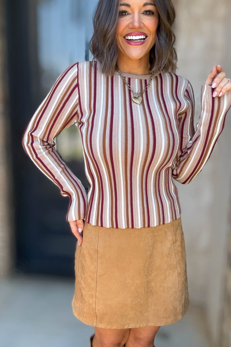Taupe Stripe Round Neck Long Sleeve Vertical Stripe Knit Top