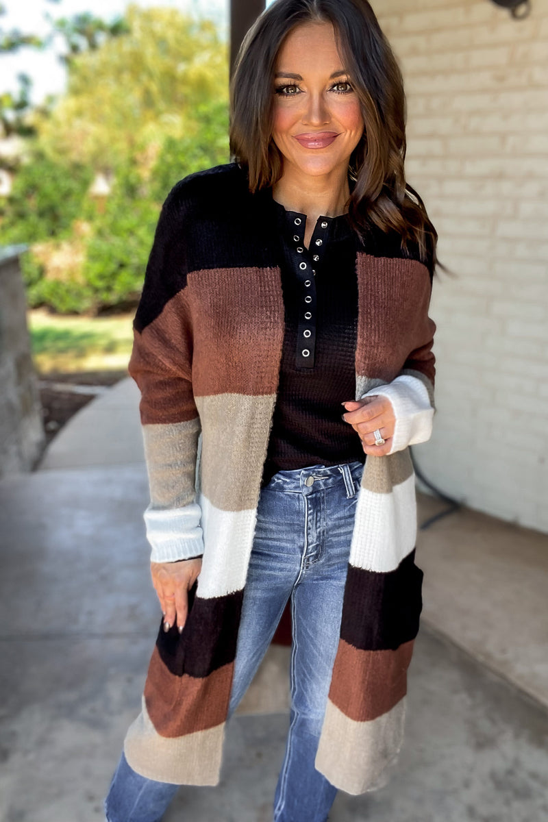 Every Aspect Black And Brown Long Sleeve Open Front Color Block Cardigan