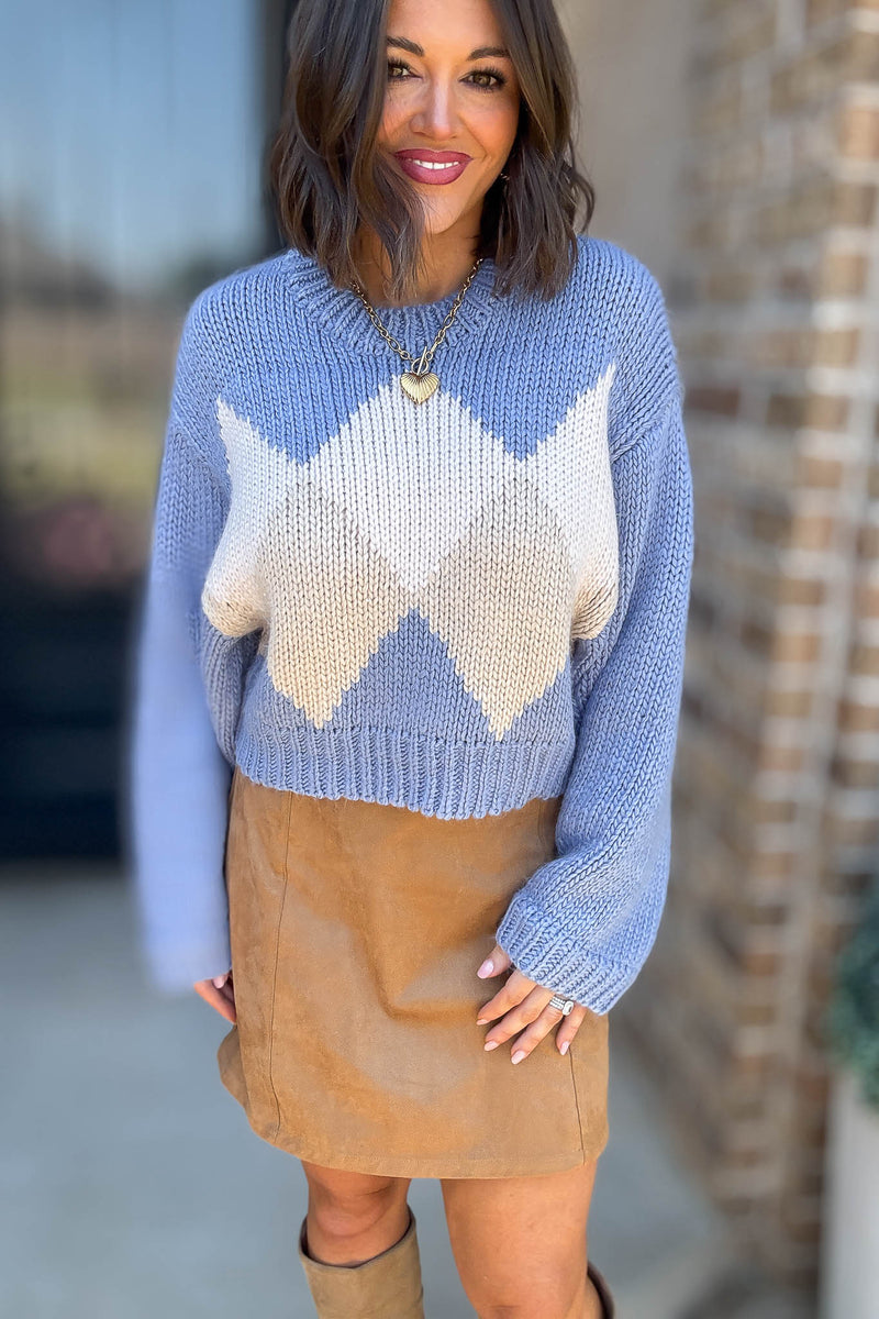 Le Lis Blue Diamond Round Neck Crop Sweater Top