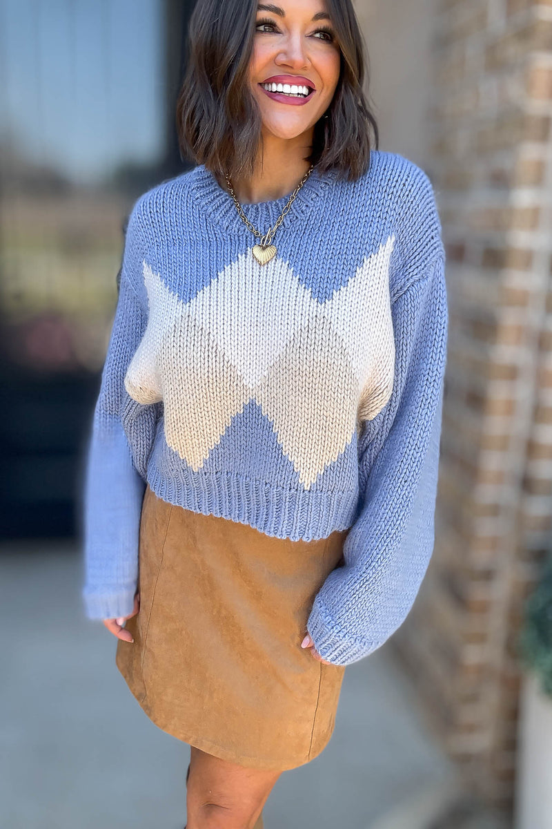 Le Lis Blue Diamond Round Neck Crop Sweater Top
