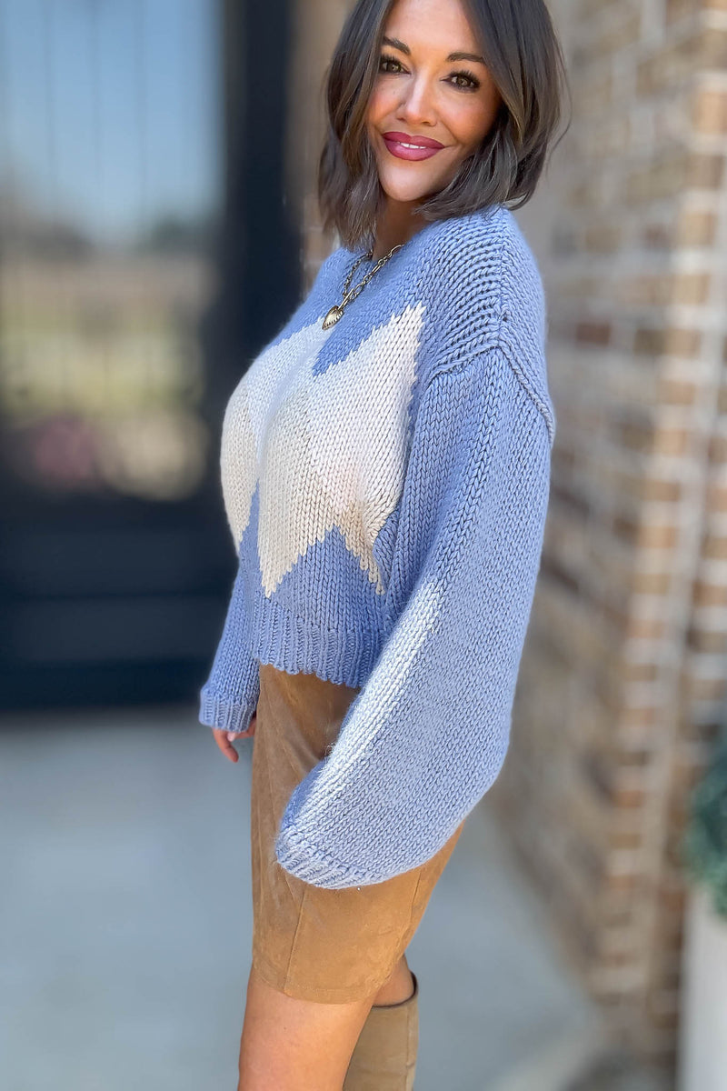 Le Lis Blue Diamond Round Neck Crop Sweater Top