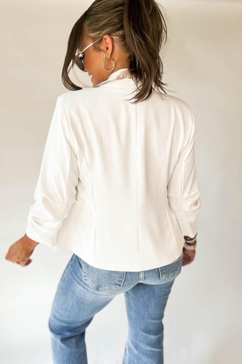 Let's Meet Up White Ruched Sleeve Blazer