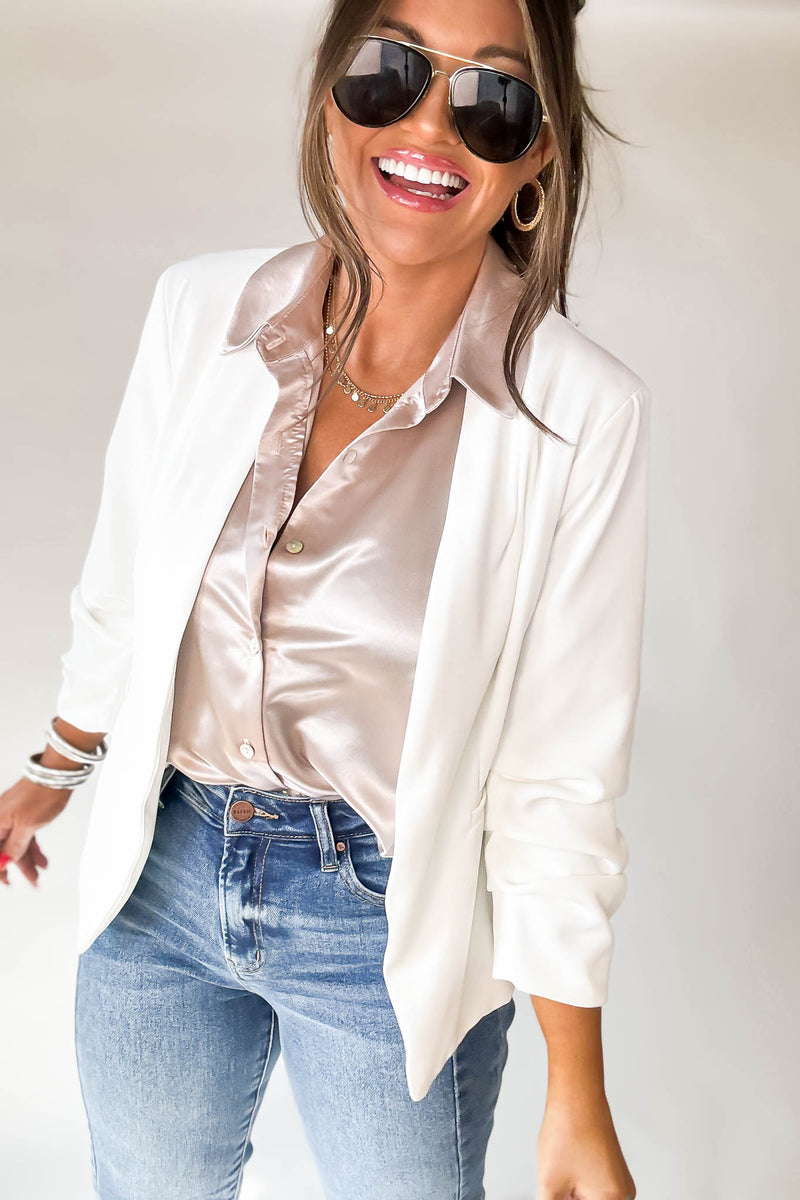 Let's Meet Up White Ruched Sleeve Blazer