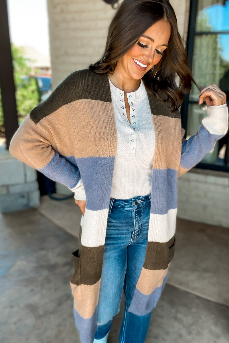 Every Aspect Olive And Khaki Long Sleeve Open Front Color Block Cardigan