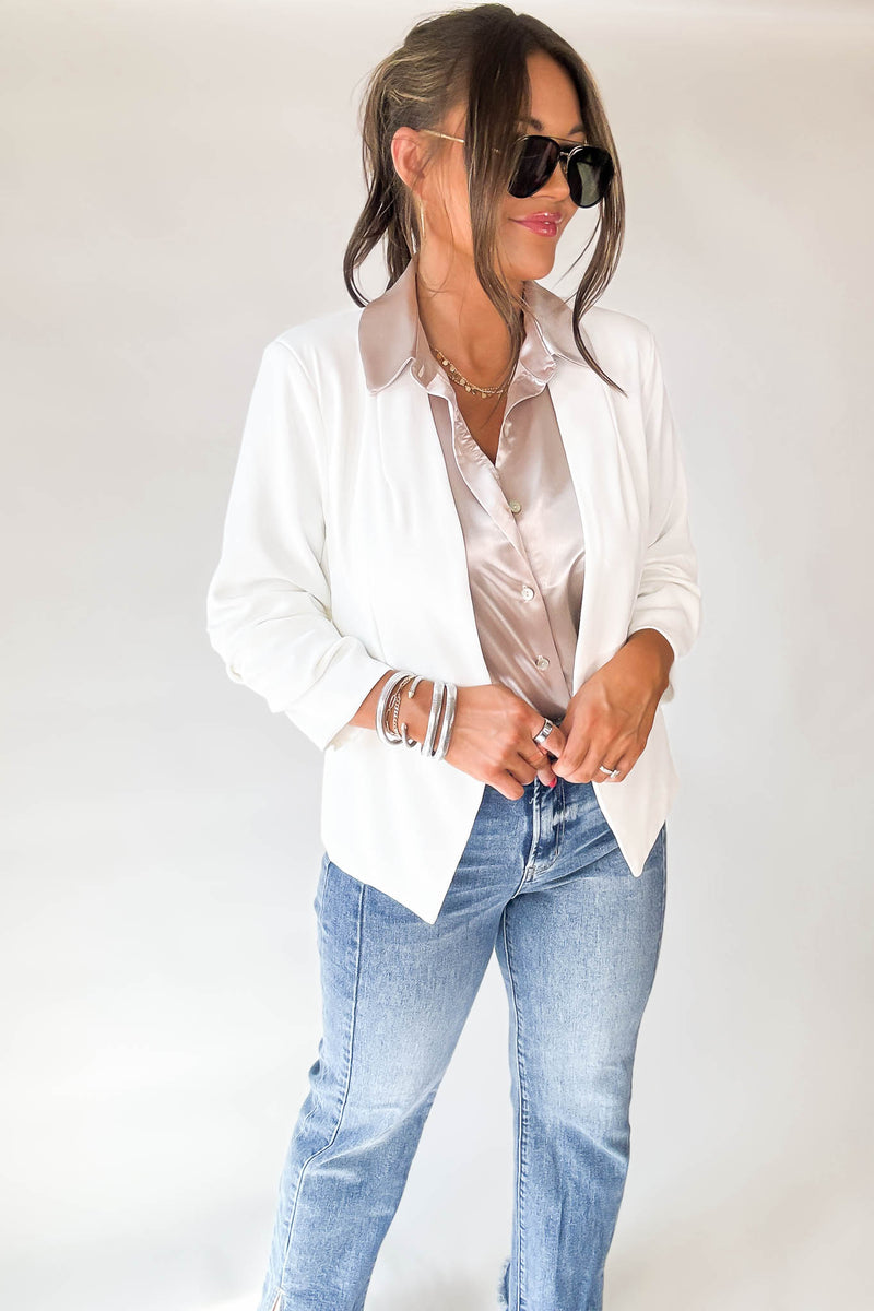 Let's Meet Up White Ruched Sleeve Blazer