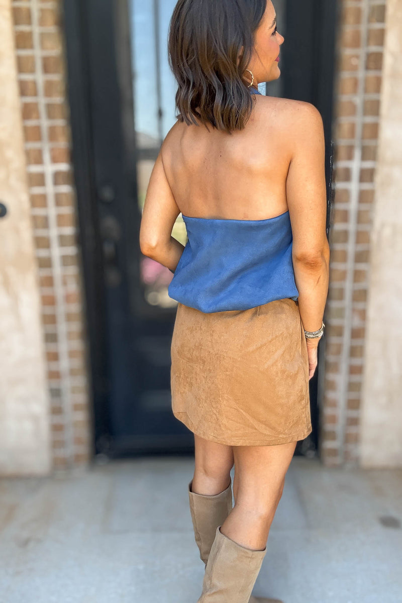 Blue Half Mock Neck Bubble Hem Suede Top