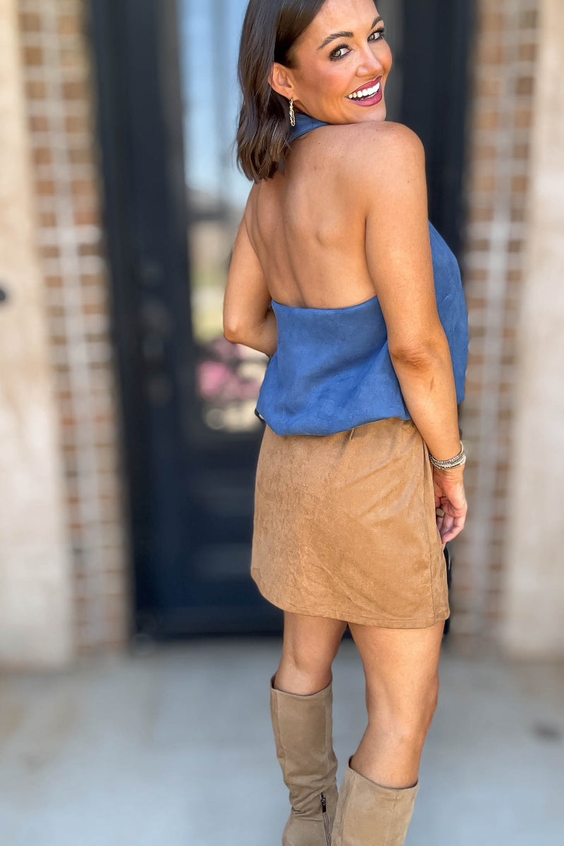 Blue Half Mock Neck Bubble Hem Suede Top
