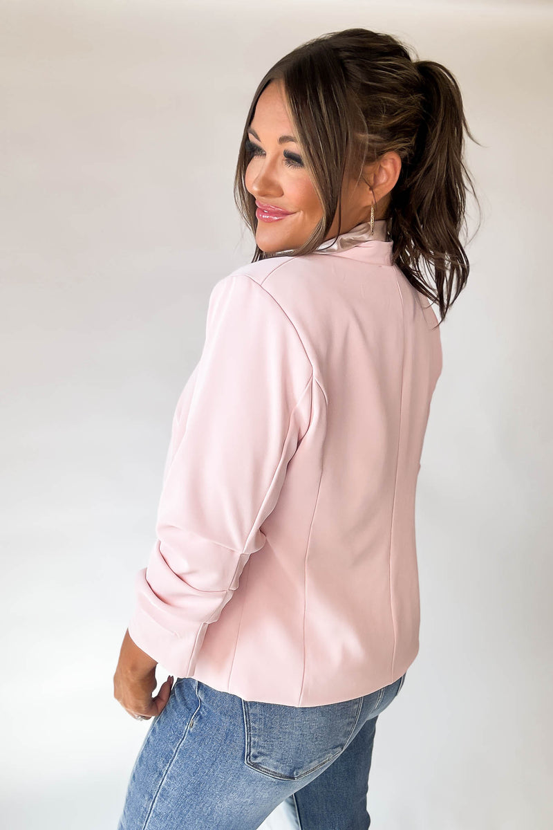 Let's Meet Up Blush Ruched Sleeve Blazer