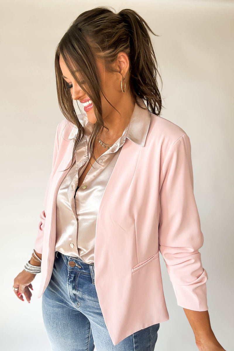Let's Meet Up Blush Ruched Sleeve Blazer