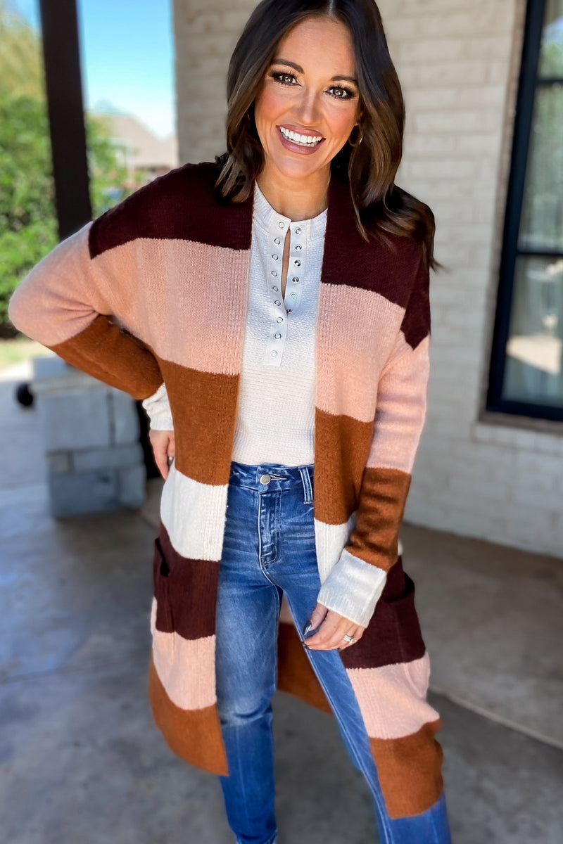 Every Aspect Sepia And Pink Long Sleeve Open Front Color Block Cardigan