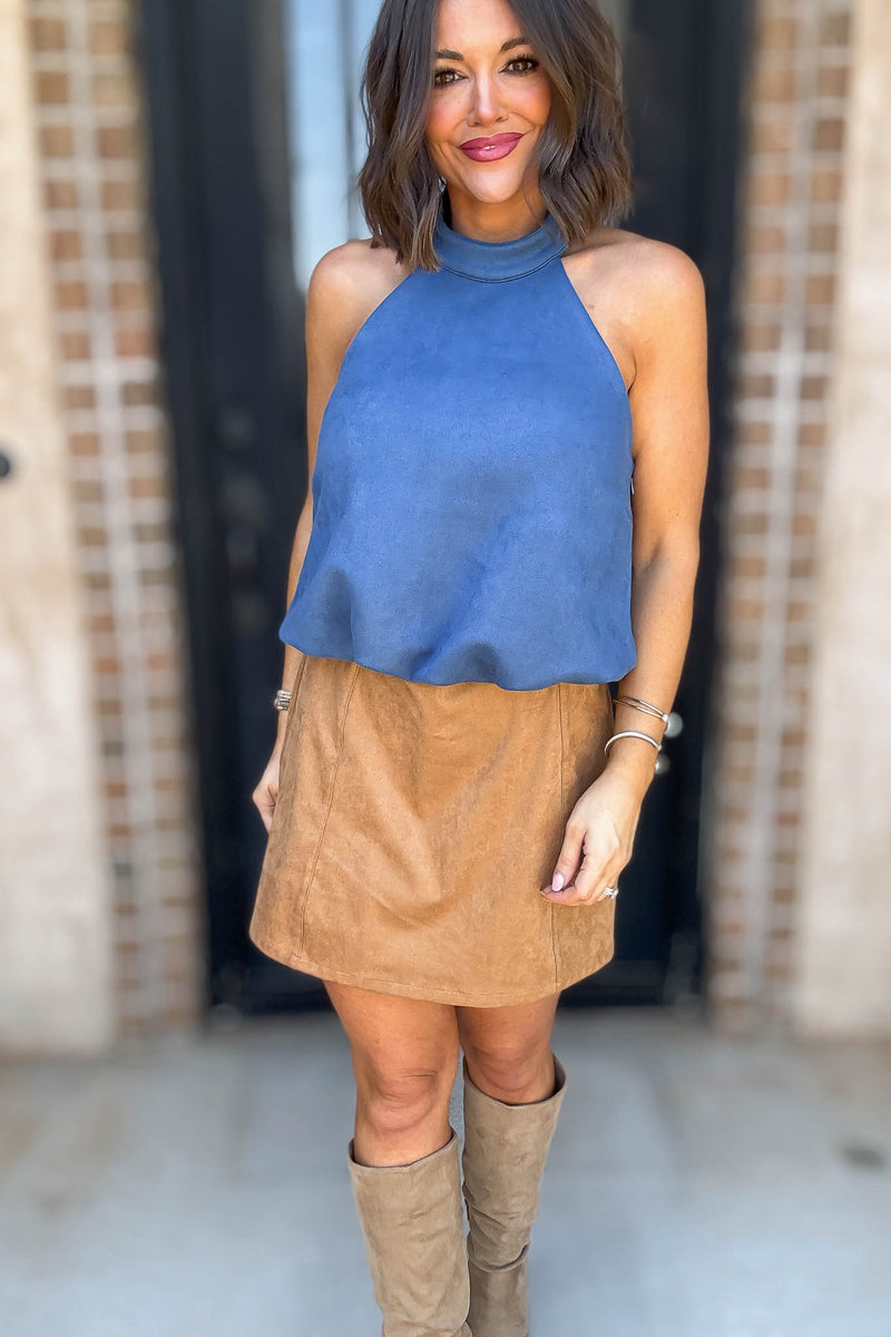 Blue Half Mock Neck Bubble Hem Suede Top