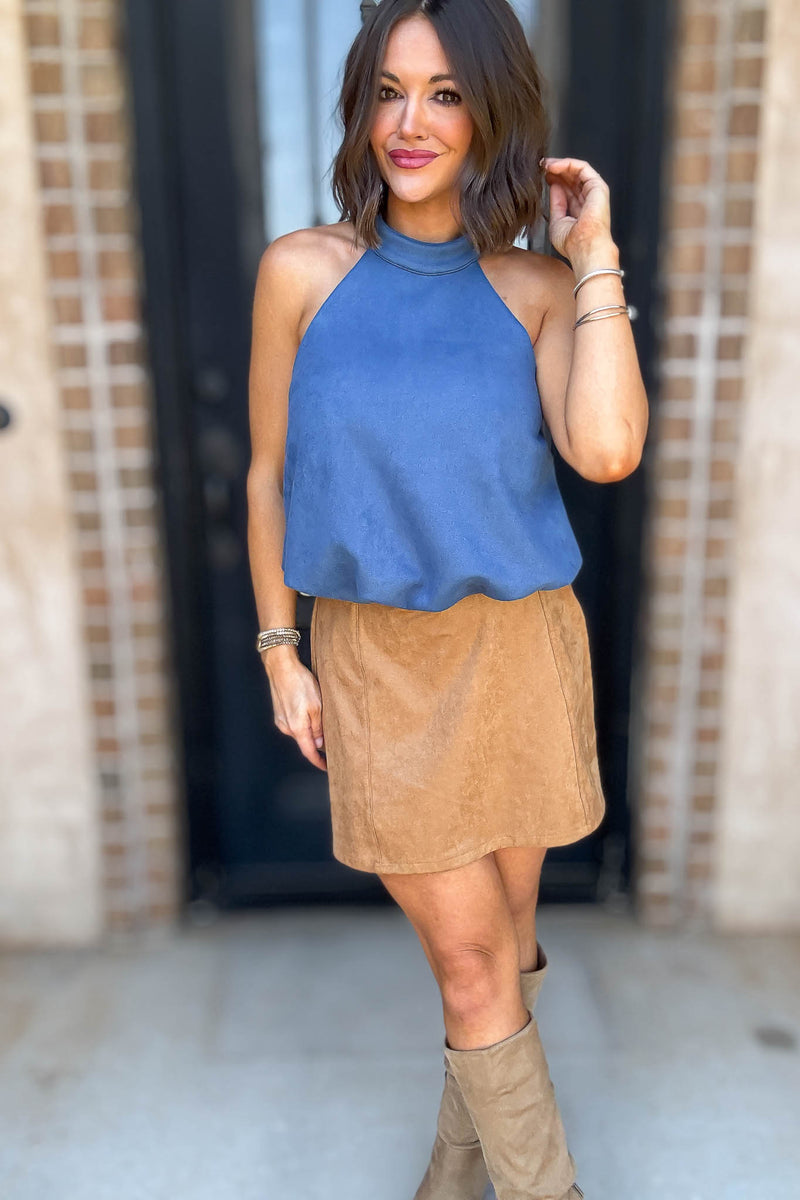 Blue Half Mock Neck Bubble Hem Suede Top