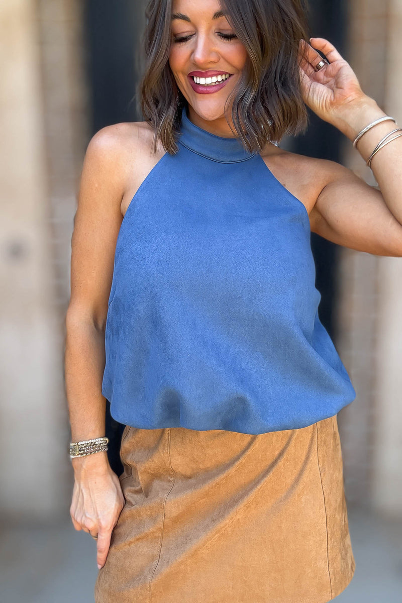 Blue Half Mock Neck Bubble Hem Suede Top