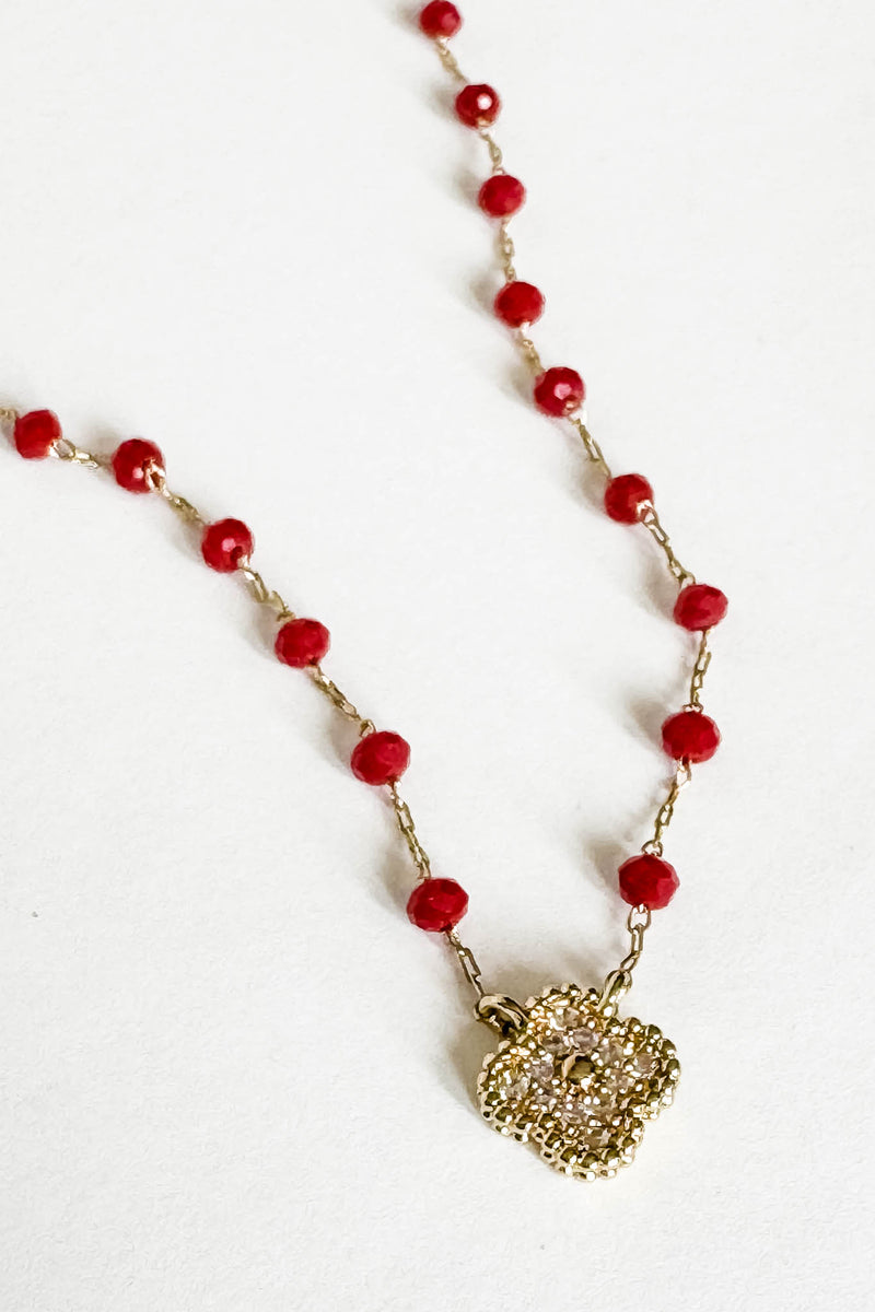 Gold Clover and Red Bead Necklace