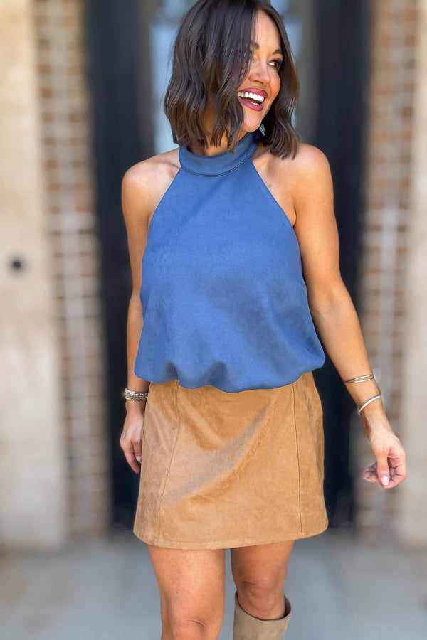 Blue Half Mock Neck Bubble Hem Suede Top