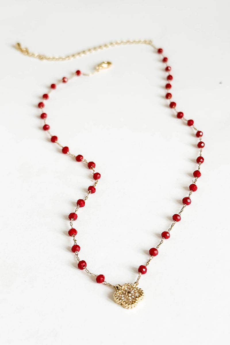 Gold Clover and Red Bead Necklace