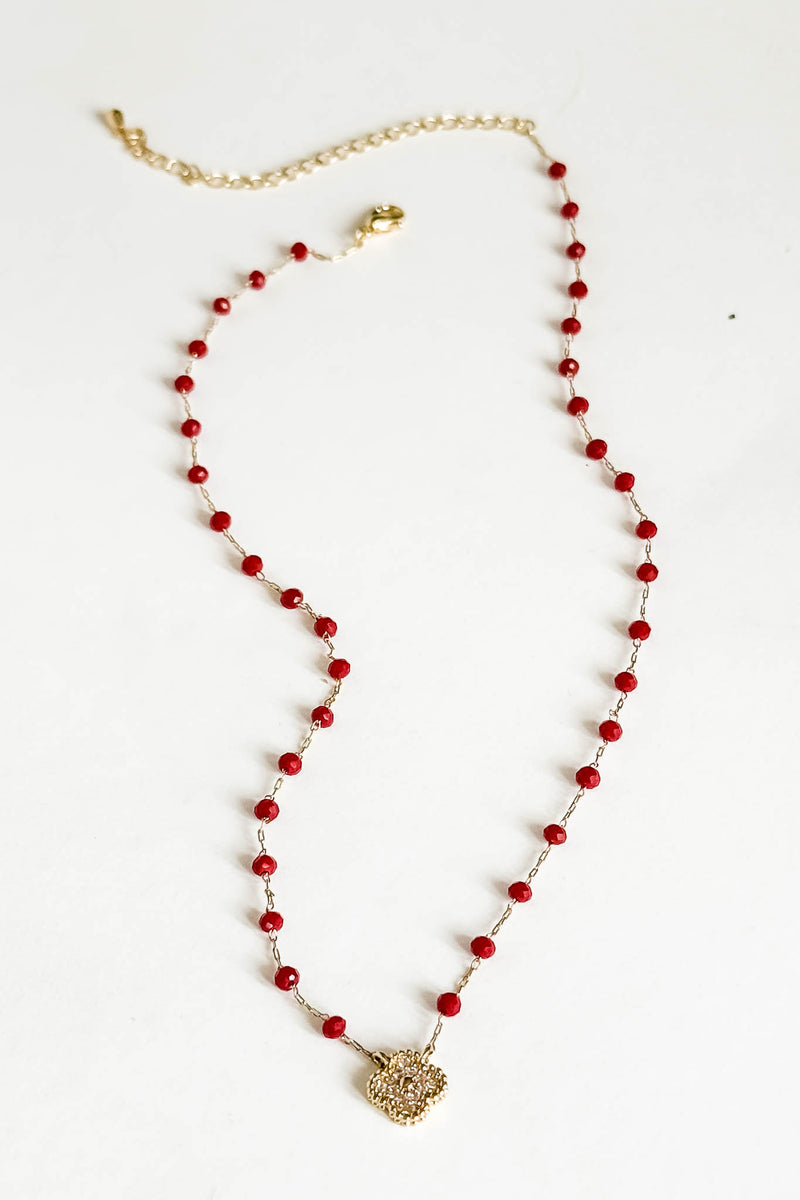 Gold Clover and Red Bead Necklace