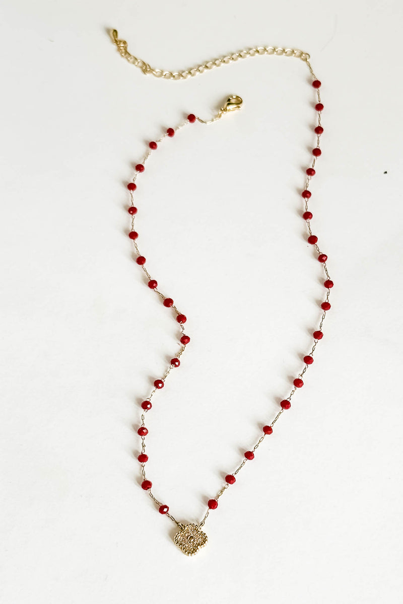 Gold Clover and Red Bead Necklace