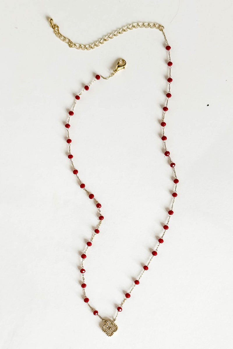 Gold Clover and Red Bead Necklace