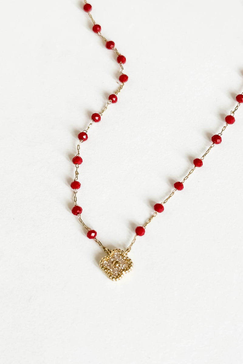 Gold Clover and Red Bead Necklace