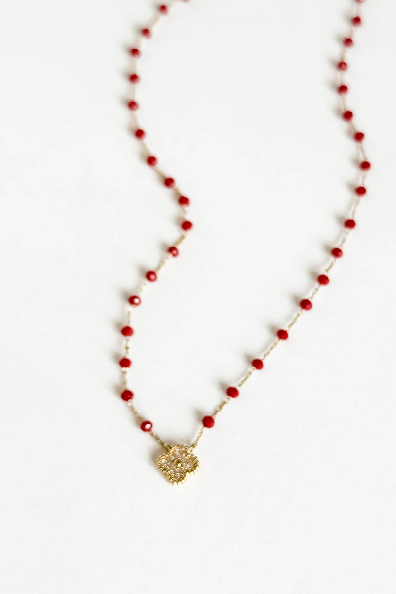 Gold Clover and Red Bead Necklace